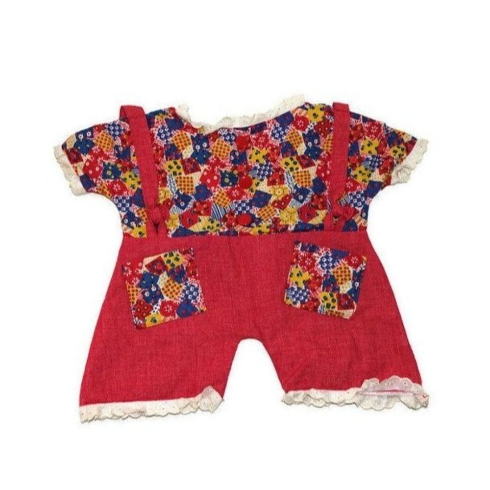 Vintage Clothespin Bag Red Floral Overalls with Calico Patchwork Style Fabric Vi